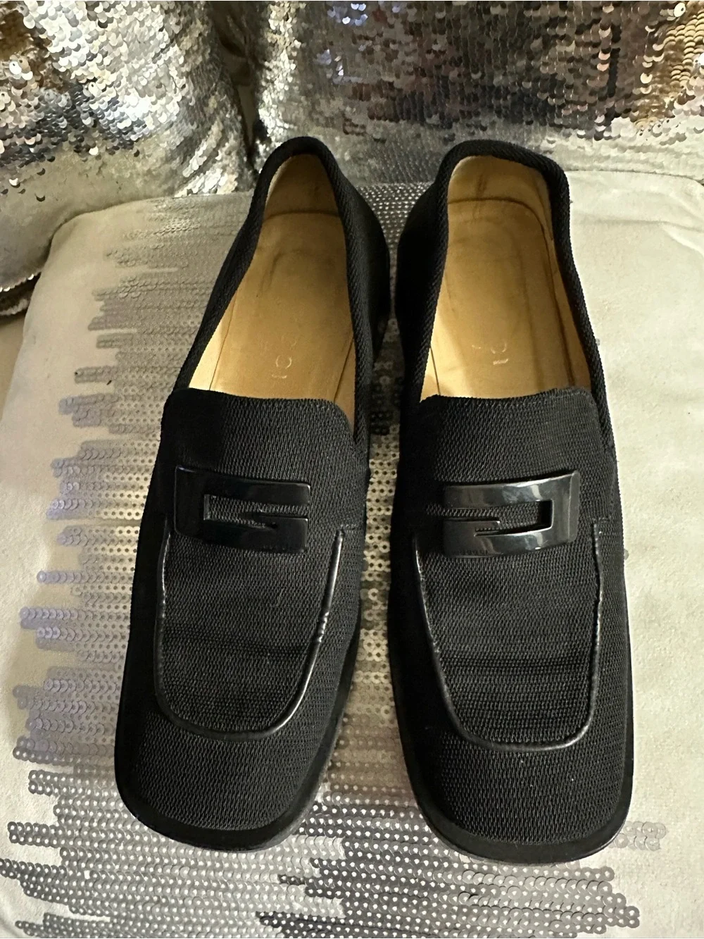 Gucci Black Slip-On Loafers with Dark Silver Buckle